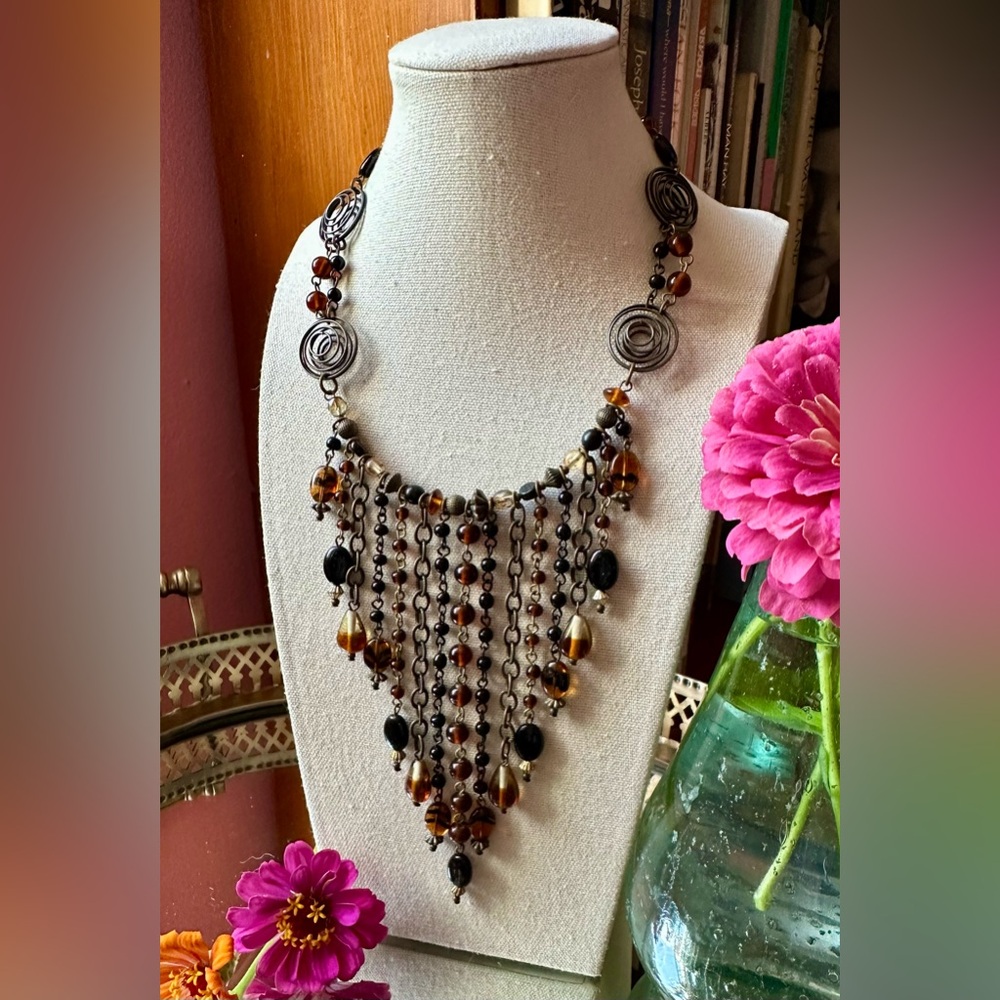 1990's Smooth Like Honey Glass and Chain Festival Fringe Bib Necklace